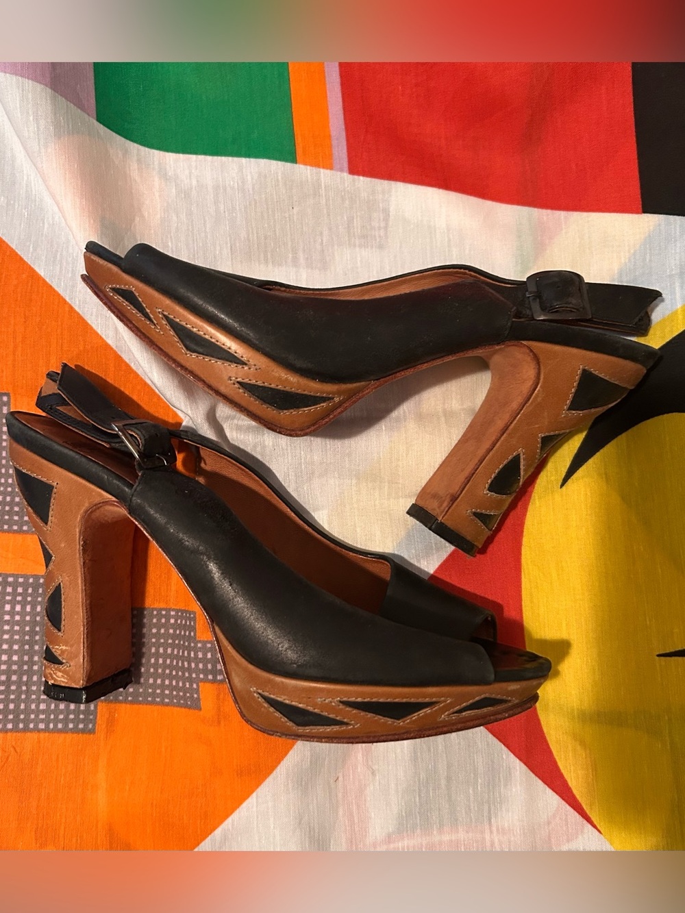 John Fluevog Black and Tan Leather Bunford Slingback Heels